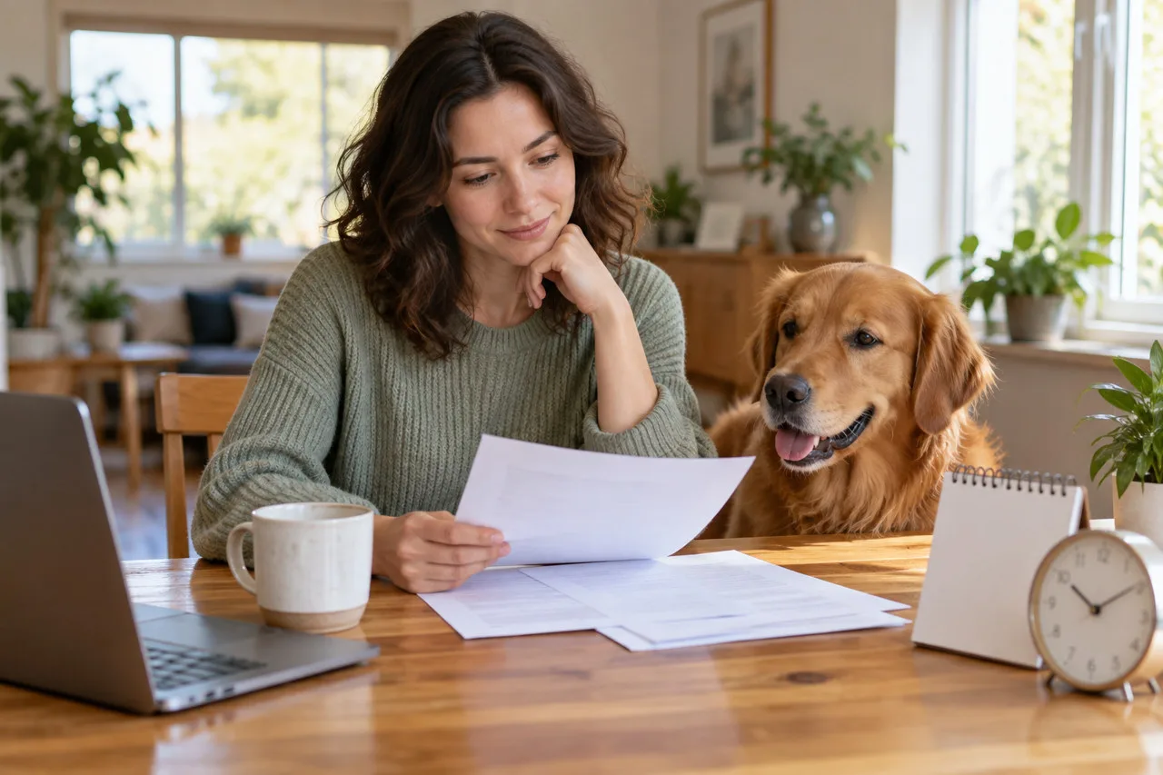 Owner reviewing paperwork with a dog beside the table